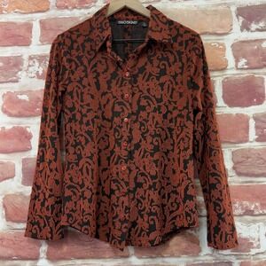 Snoskins Top Women's Medium Black Rust Red Orange Boho Floral Burnout Shirt